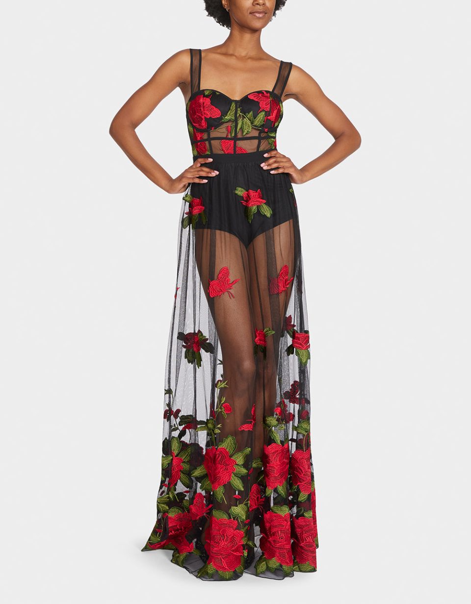 ROSIE SHEER MAXI DRESS BLACK RED